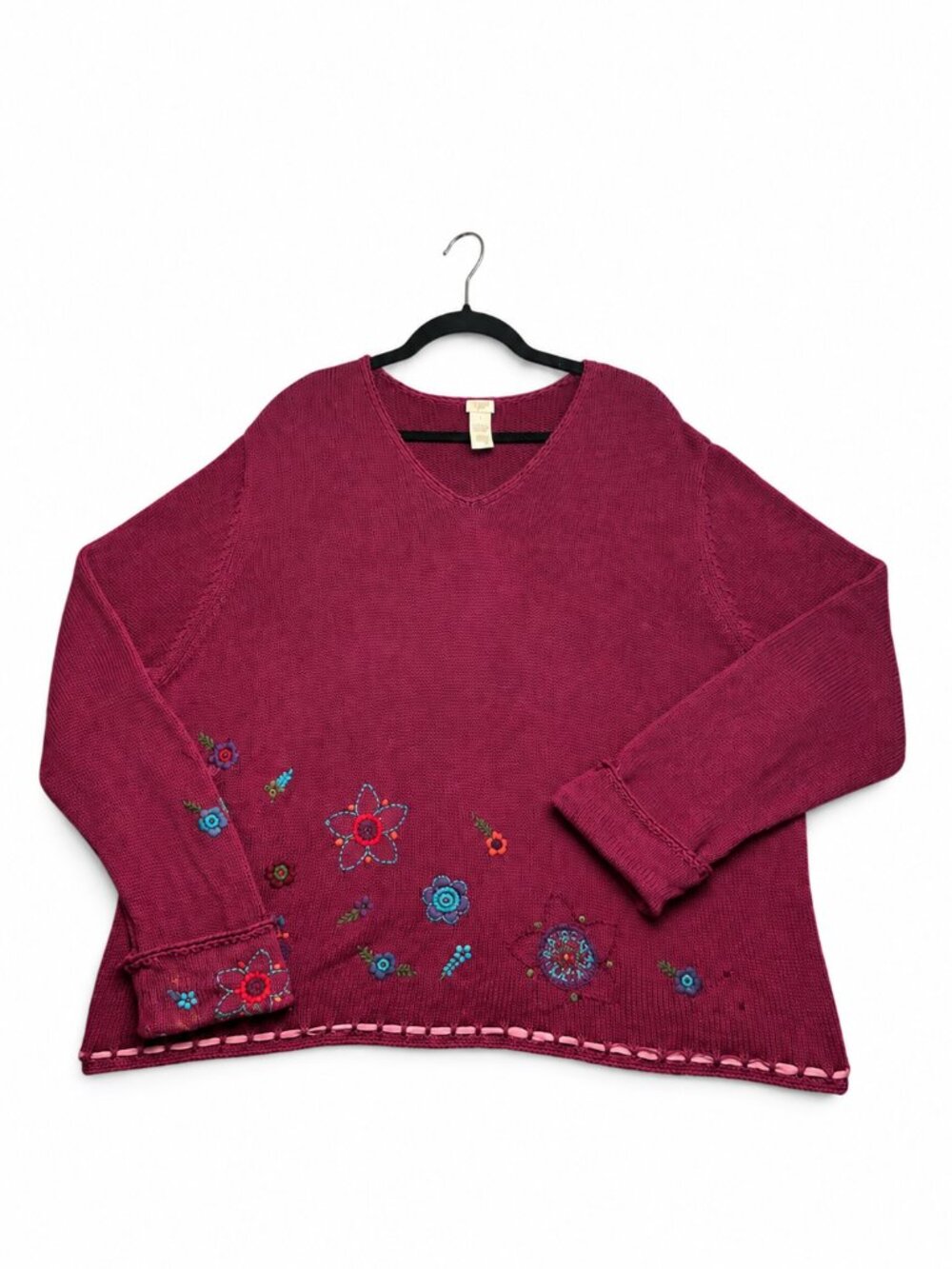 J Jill Size Xl Knit Sweater Embroidered Floral V Neck Cotton Burgandy Purple